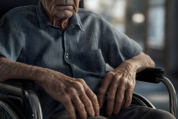 Close-up image of an elderly man sitting in a wheelchair. No face. 