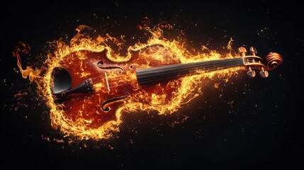 Burning musical instrument against a pure black background