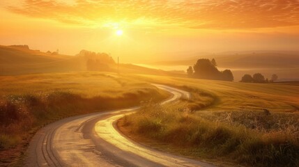 Fototapeta premium Bright sunrise illuminating a winding road, symbolizing the start of a new path