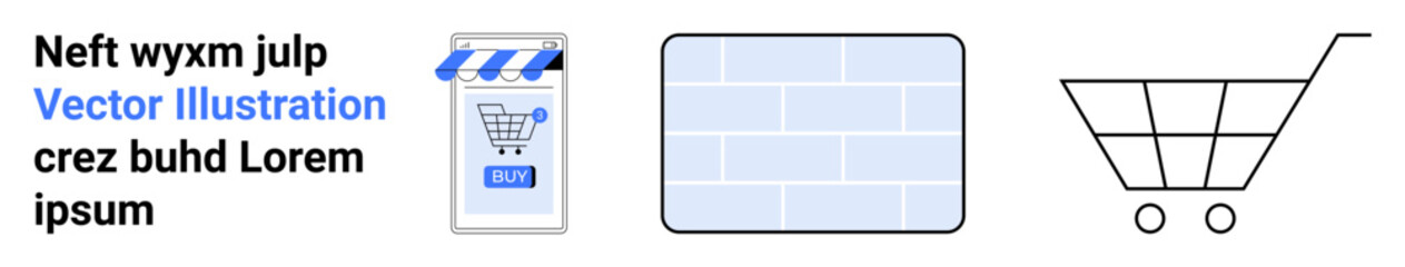 Smartphone storefront with blue awning, brick pattern background, and black shopping cart outline. Ideal for e-commerce, online shopping, retail, digital marketing, web design, advertising, UIUX