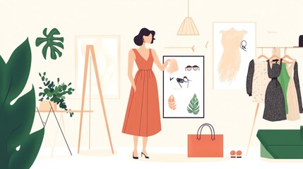 An illustration of a woman in a clothing store, looking at a black dress.