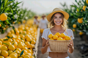 Obraz premium A woman is holding a basket of oranges in a field