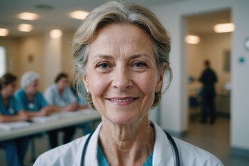 Fototapeta premium Close portrait of a smiling senior Latvian woman doctor looking at the camera, Latvian hospital blurred background