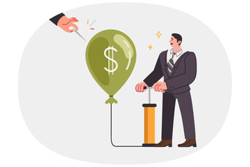 Financial bubble inflated by male investor in business clothes risks exploding due to needle