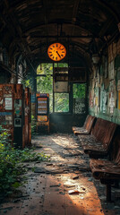Deserted train station with rusting tracks and broken benches