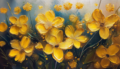 Abstract oil painting of yellow flowers. Floral art. Beautiful nature. Hand drawn