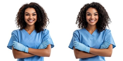 set of Portrait of a beautiful young female nurse wearing blue scrubs, with curly hair and gloves, on a transparent background
