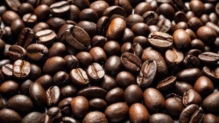 Fototapeta premium A close-up of freshly roasted coffee beans, showcasing their rich, dark color and shiny surface, perfect for coffee lovers and culinary projects