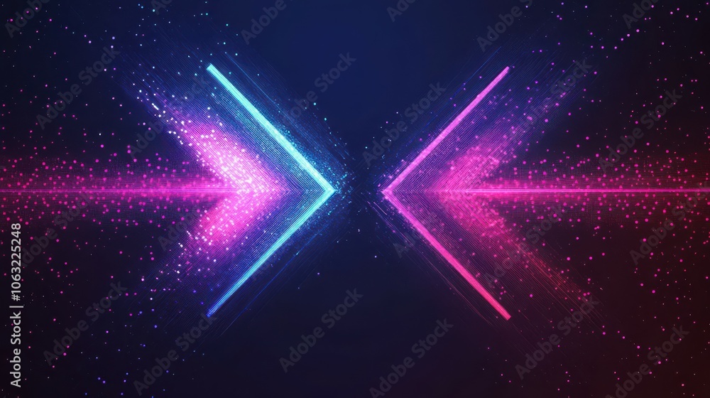 Poster digital arrows in neon light against a dark. modern abstract background with copy space in the cente