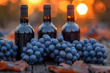 Obraz premium Autumn Vineyard Harvest with Grapes and Wine Bottles at Sunset