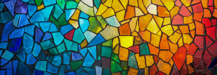 Vibrant abstract glass background inspired by Christian church mosaic windows, featuring a colorful array of shapes and patterns