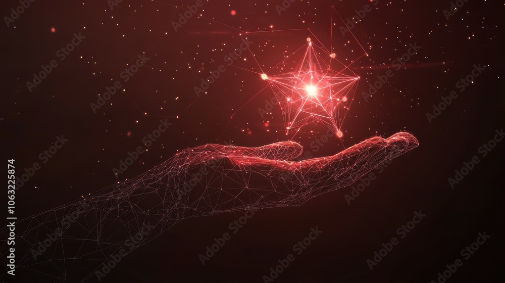Poster digital star in abstract hand. success concept. low poly wireframe vector illustration with 3d effec