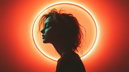 The silhouette of a woman's head is dramatically outlined against a bright red neon circle, symbolizing power, transformation, and mystique in a modern style.