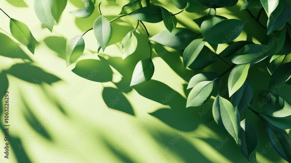 Poster green 3d background with tree leaf and shadow render.