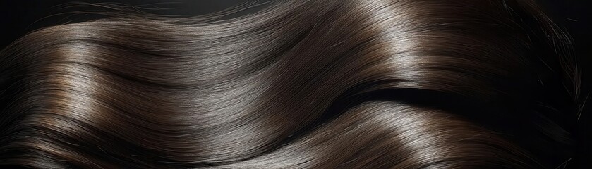 Fototapeta premium A close-up view of smooth, dark hair strands elegantly flowing and reflecting light against a dark background.