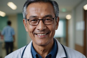 Close portrait of a smiling senior Malaysian man doctor looking at the camera, Malaysian hospital blurred background
