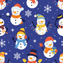 Seamless pattern with Christmas vector cute snowmen in different hats and scarves. New year illustration.