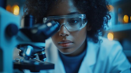 A young female scientist wearing safety glasses looks intently through a microscope in a laboratory setting.