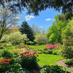 Obraz premium Spring botanical garden showcasing a variety of flowering plants and trees