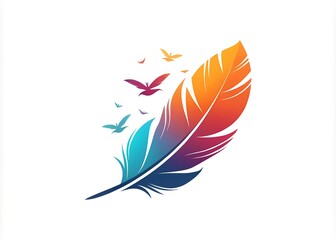 a colorful illustration of a feather to birds logo creative icon on white background