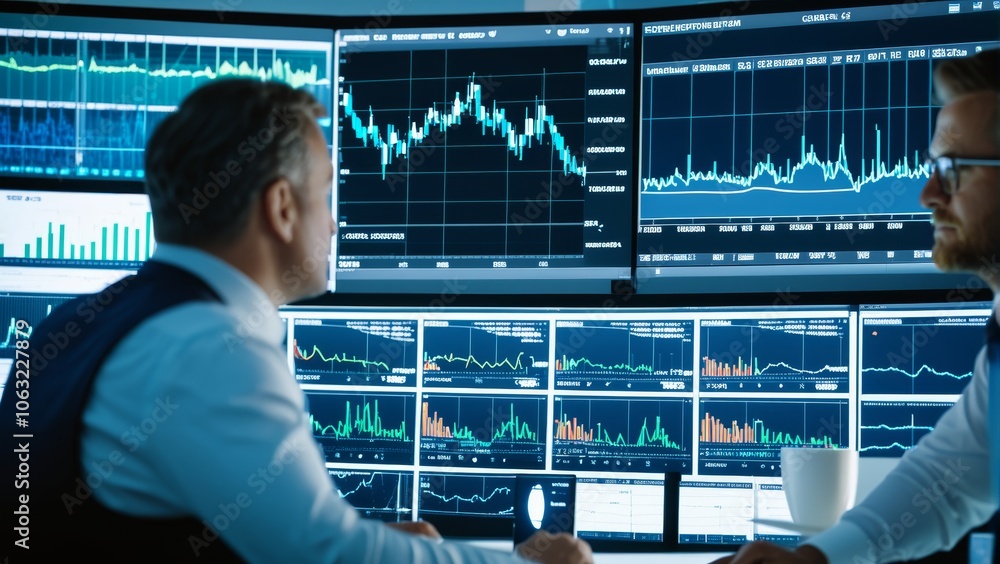 Poster businessmen analyzing financial metrics on multiple monitors in office setting
