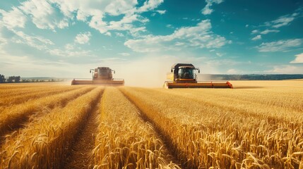 Fototapeta premium Combine harvesting grain in the field. Agricultural machinery. Harvesting. Farm landscape. Wheat field