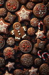 Abstract background with Christmas gingerbread pieces and cookies on brown background. Square composition.