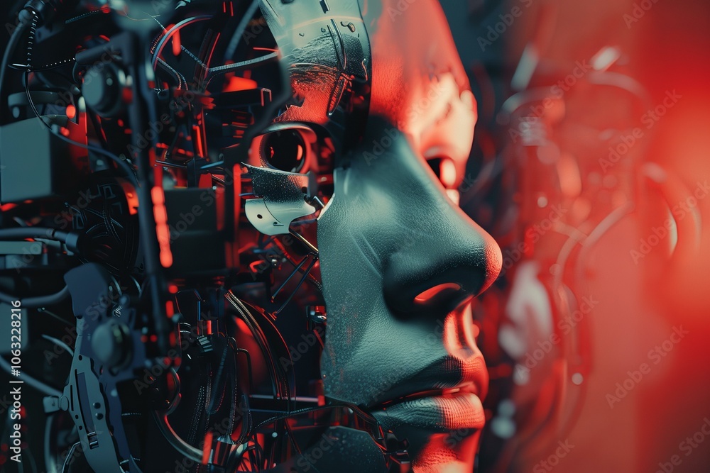 Poster close up of a human like face with exposed circuits, suggesting the merging of man and machine