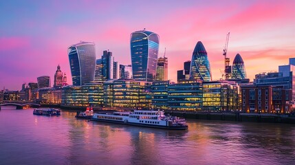 Fototapeta premium The London skyline at dusk with vibrant pink and orange sky.