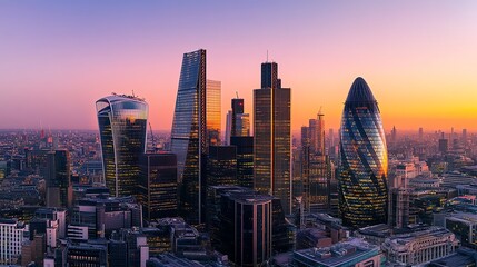 The London skyline at dusk with vibrant pink and orange sky.