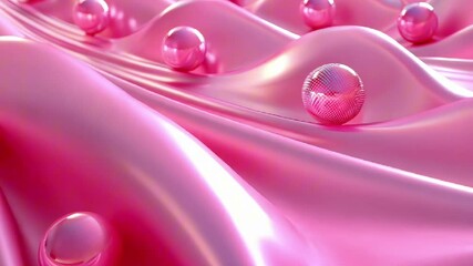 Pink spheres on wavy silky pink surface. Abstract dynamic composition with smooth textures and fluid forms - Powered by Adobe