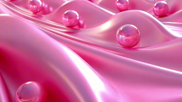 Pink spheres on wavy silky pink surface. Abstract dynamic composition with smooth textures and fluid forms