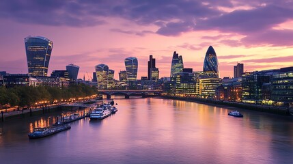 Fototapeta premium The London skyline at dusk with vibrant pink and orange sky.