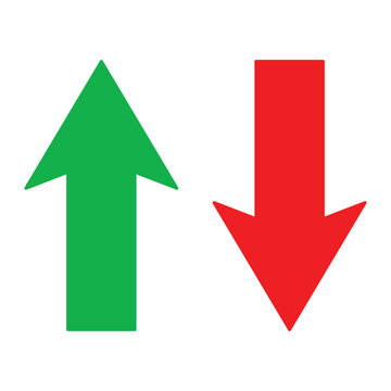 Up and Down sign with green and red arrows vector illustration. Concept of sales bar chart symbol icon with arrow moving down and sales bar chart with arrow moving up.	