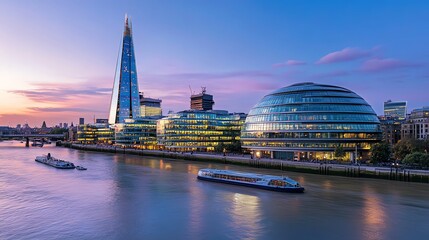 Obraz premium The London skyline at dusk with vibrant pink and orange sky.