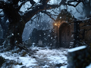 Snow gently falls over a dimly lit graveyard as night approaches. An ancient gate stands amidst twisted trees and eerie gravestones, creating a haunting atmosphere.