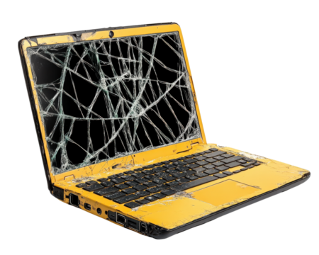 damaged yellow laptop with cracked screen, showcasing its broken state and wear. This highlights impact of accidents on technology