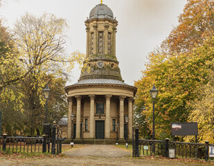Iconic United Reformed Church designed by Lockwood and Mawson in World Heritage Site model village Saltaire in autumn, ornate front has Italianate architecture despite being non conformist church