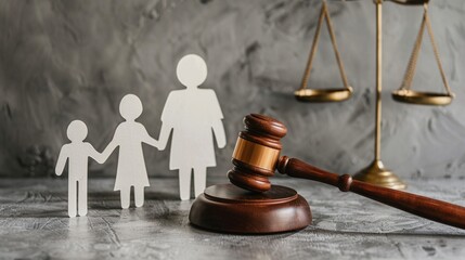 Toy mother and children on judge workplace image. Court proceeding in divorce case photography scene wallpaper. Family laws regulating relationship concept photorealistic photo