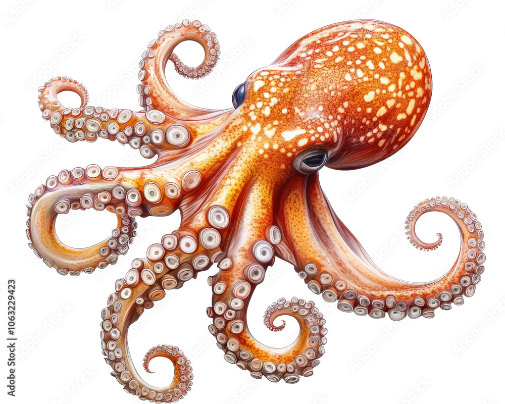 Poster vibrant orange octopus with intricate patterns and long, curling tentacles, showcasing its unique fe
