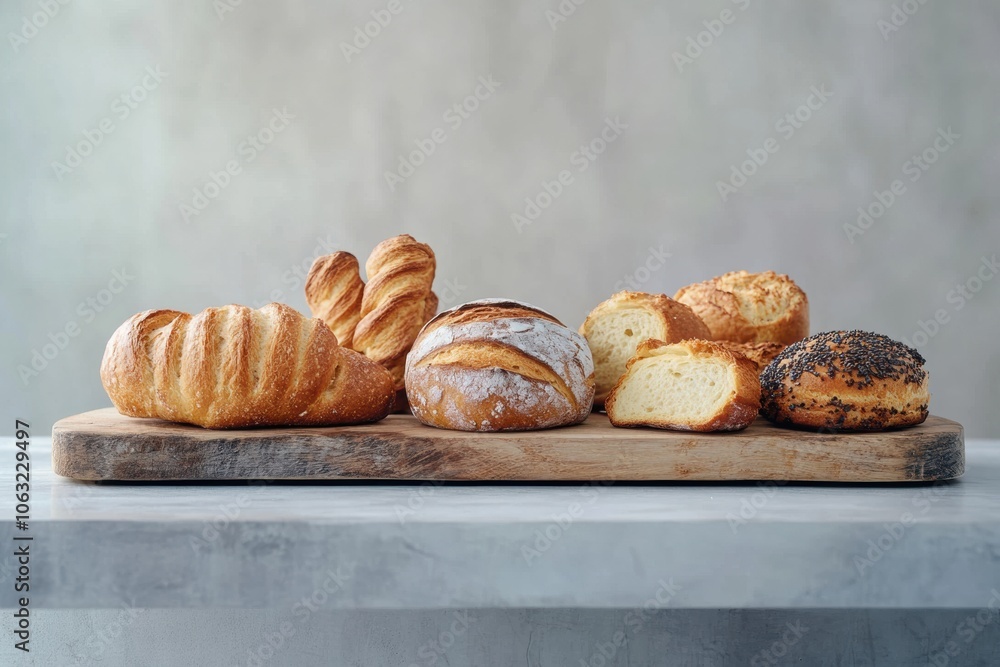 Poster an assortment of artisan breads and golden pastries is artfully arranged on a rustic wooden board in