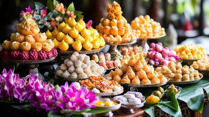 A stunning dessert spread featuring Southern Thai sweets,