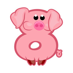 Cartoon number 8 like pink pig, figure Eight. Cartoon of number with a animal concept. Calligraphy, lettering, typography for your Education cards or game