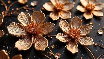 Luxurious gold floral ornament on dark background, detailed craftsmanship, artistic design