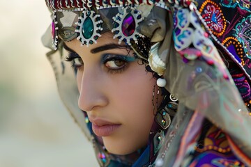 Naklejka premium Beautiful young woman is posing in daylight wearing an authentic turkish headscarf