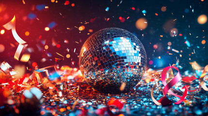 A sparkling disco ball surrounded by colorful confetti creates a vibrant atmosphere for a festive event during the celebration years