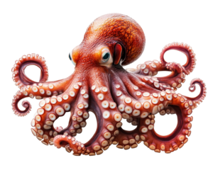 vibrant red octopus with detailed textures and large eyes, showcasing its tentacles gracefully. This marine creature is captivating and full of life