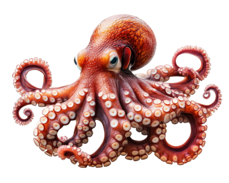 vibrant red octopus with detailed textures and large eyes, showcasing its tentacles gracefully. This marine creature is captivating and full of life