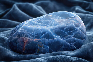 High detail Benitoite stone resting on black velvet with dramatic low key lighting