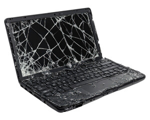 broken laptop with shattered screen, showcasing visible cracks and damage. keyboard remains intact, highlighting contrast between functionality and damaged display